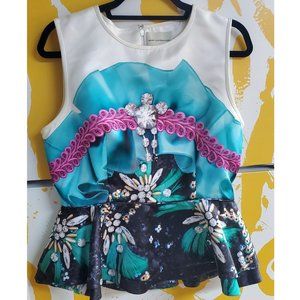 Silk Satin Jewel Printed Sleeveless Peplum Top